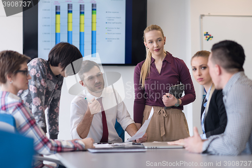 Image of young business people group on meeting at modern office