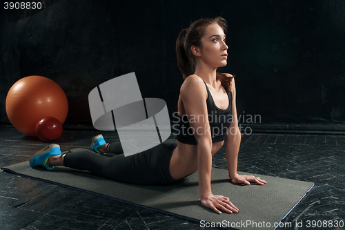 Image of Beautiful slim brunette doing some push ups a the gym