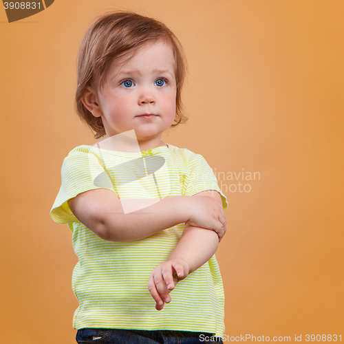 Image of One cute baby girl on orange background