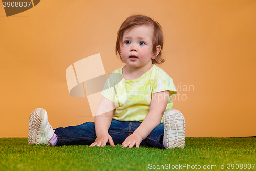 Image of One cute baby girl on orange background