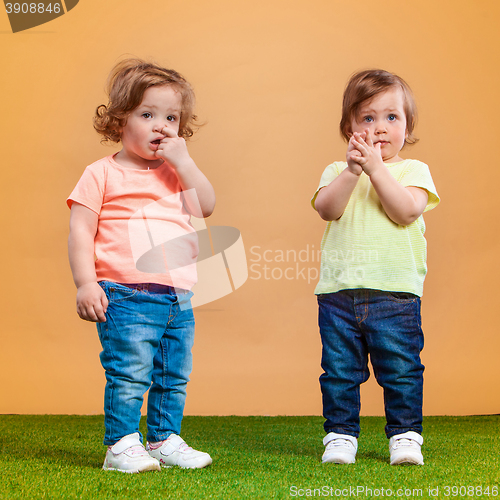 Image of Happy funny girl twins sisters playing and laughing