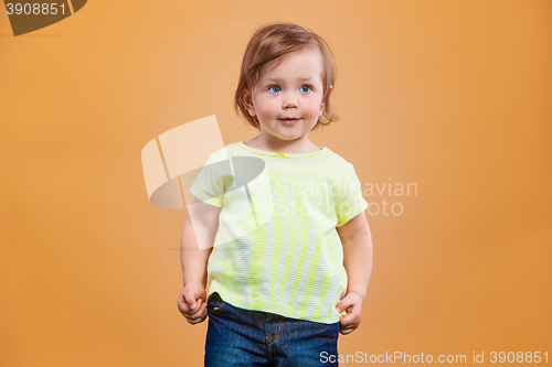 Image of One cute baby girl on orange background