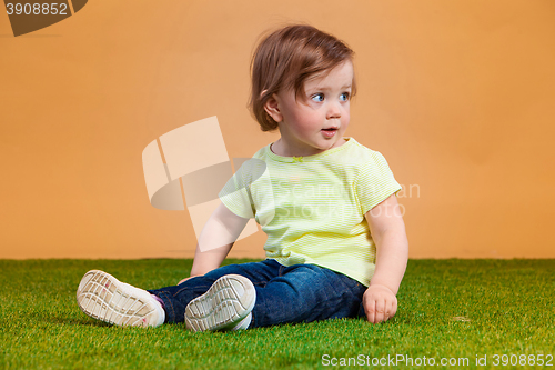 Image of One cute baby girl on orange background