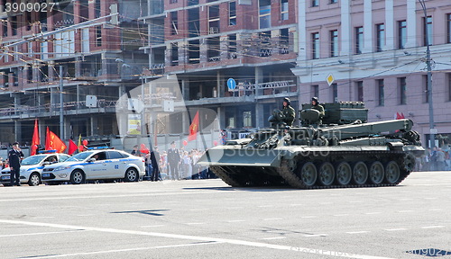 Image of Military transportation on its back way after Victory Day Parade