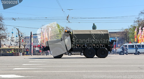 Image of Military transportation on its back way after Victory Day Parade