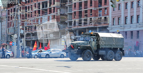 Image of Military transportation on its back way after Victory Day Parade