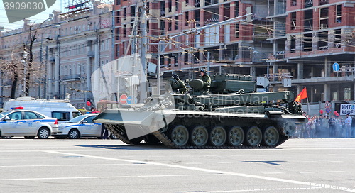 Image of Military transportation on its back way after Victory Day Parade