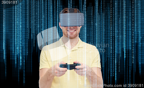 Image of man in virtual reality headset or 3d glasses