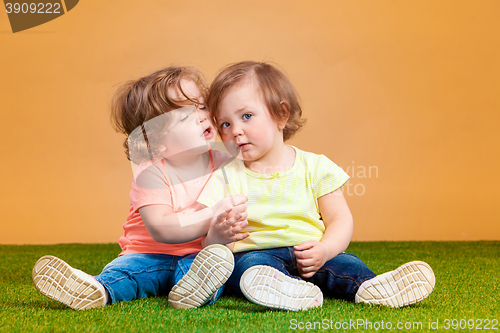 Image of Happy funny girl twins sisters playing and laughing