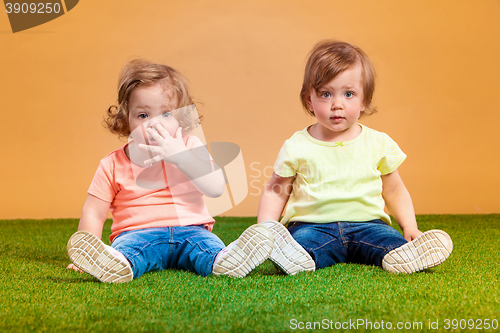 Image of Happy funny girl twins sisters playing and laughing