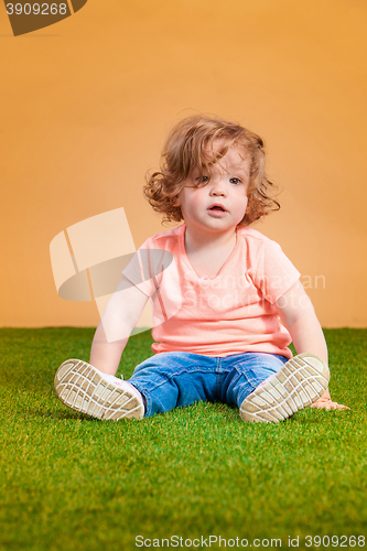 Image of One cute baby girl on orange background