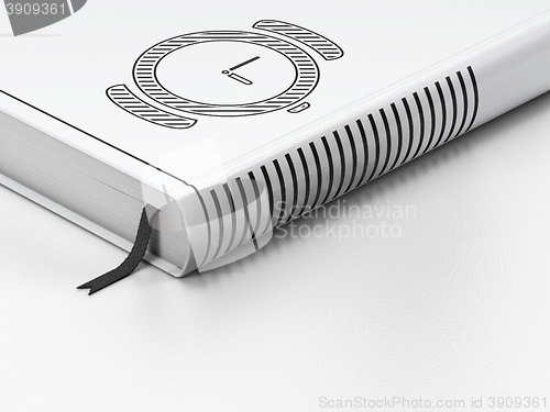 Image of Time concept: closed book, Hand Watch on white background