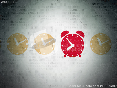 Image of Time concept: alarm clock icon on Digital Data Paper background