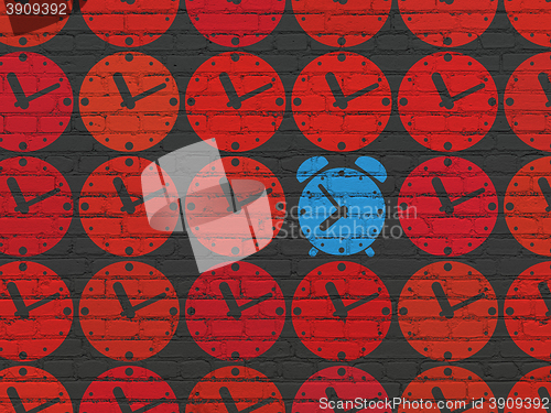 Image of Timeline concept: alarm clock icon on wall background