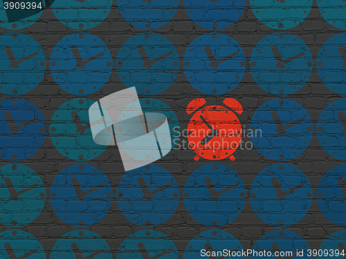 Image of Timeline concept: alarm clock icon on wall background