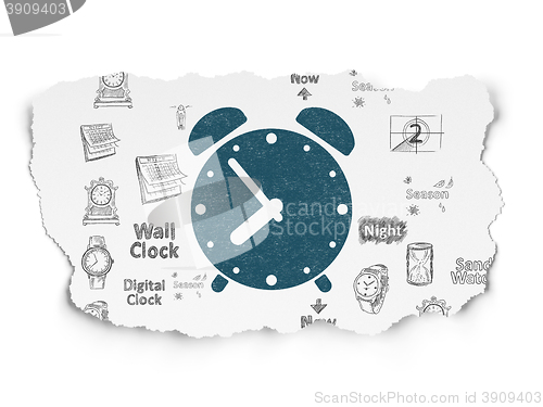 Image of Timeline concept: Alarm Clock on Torn Paper background