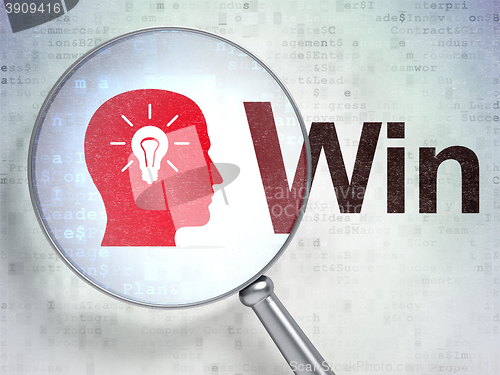 Image of Finance concept: Head With Light Bulb and Win with optical glass
