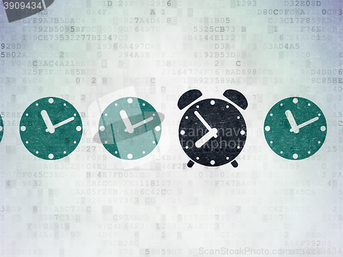 Image of Timeline concept: alarm clock icon on Digital Data Paper background