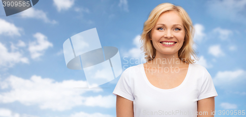 Image of smiling woman in blank white t-shirt