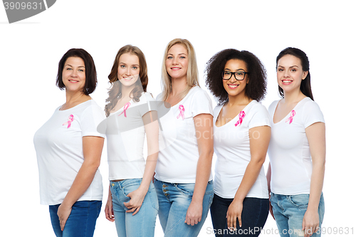 Image of happy women with breast cancer awareness ribbons