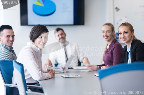 Image of young business people group on team meeting at modern office