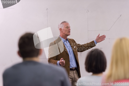 Image of teacher with a group of students in classroom