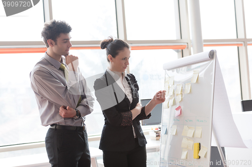 Image of young couple working on flip board at office