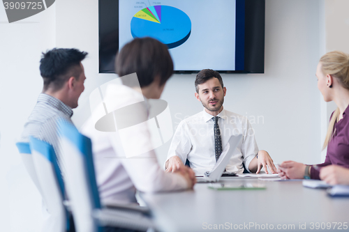 Image of young business people group on team meeting at modern office