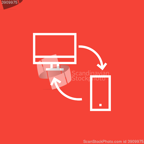 Image of Synchronization computer with mobile device line icon.