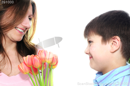 Image of Mother and son with flowers