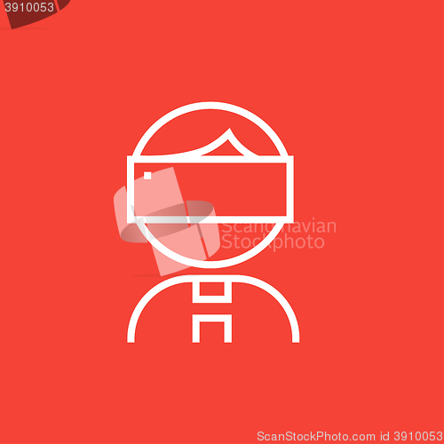 Image of Man wearing virtual reality headset line icon.