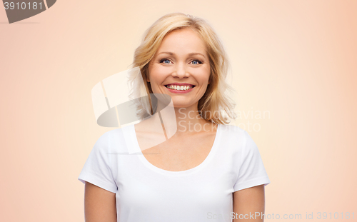 Image of smiling woman in blank white t-shirt