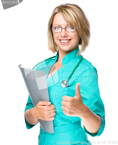 Image of Portrait of a woman wearing doctor uniform