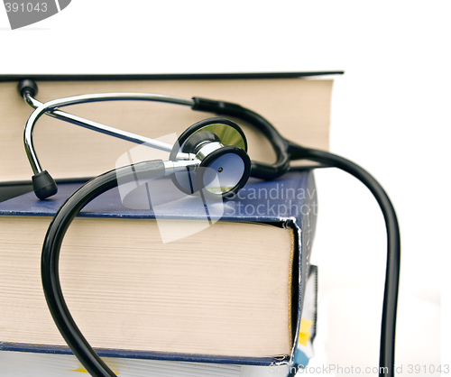 Image of books and stethoscope