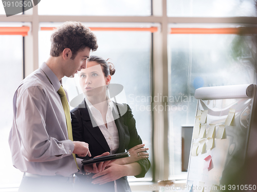 Image of young couple working on flip board at office