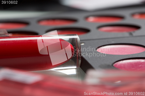 Image of set of professional makeup artist. Different Lipstick