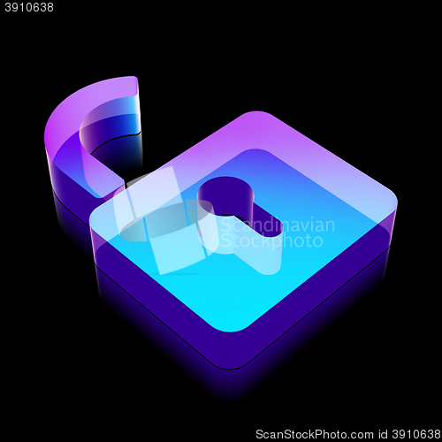 Image of 3d neon glowing Opened Padlock icon made of glass, vector illustration.