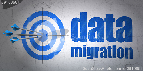 Image of Data concept: target and Data Migration on wall background