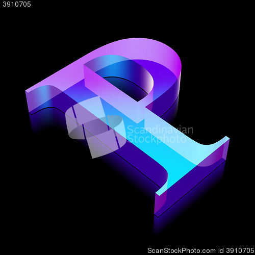 Image of 3d neon glowing character P made of glass, vector illustration.