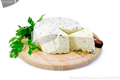 Image of Cheese homemade with parsley on round board