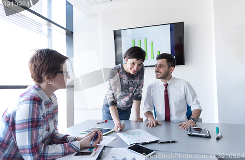 Image of young business people group on meeting at modern office