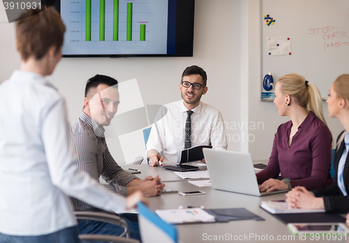 Image of young business people group on team meeting at modern office