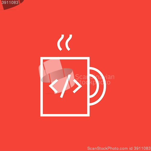 Image of Cup of coffee with code sign line icon.