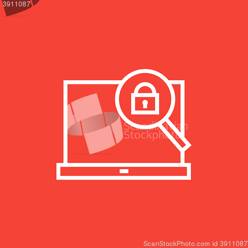 Image of Laptop and magnifying glass line icon.