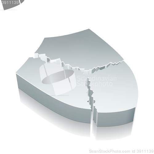Image of 3d metallic Broken Shield icon with reflection, vector illustration.