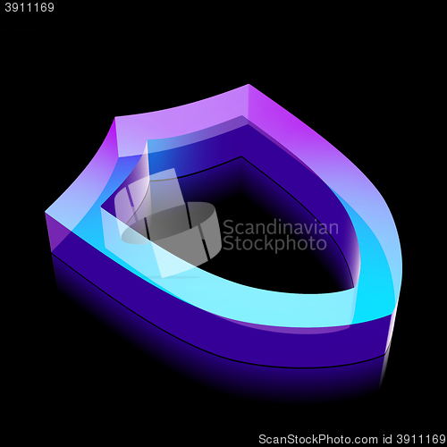 Image of 3d neon glowing Contoured Shield icon made of glass, vector illustration.