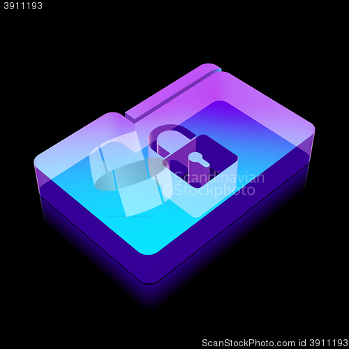 Image of 3d neon glowing Folder With Lock icon made of glass, vector illustration.