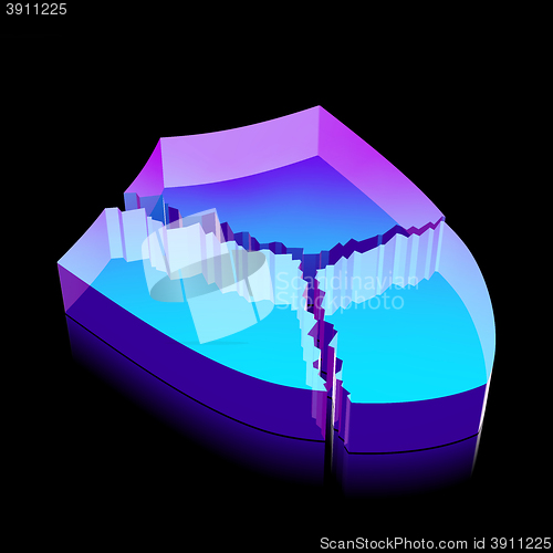 Image of 3d neon glowing Broken Shield icon made of glass, vector illustration.
