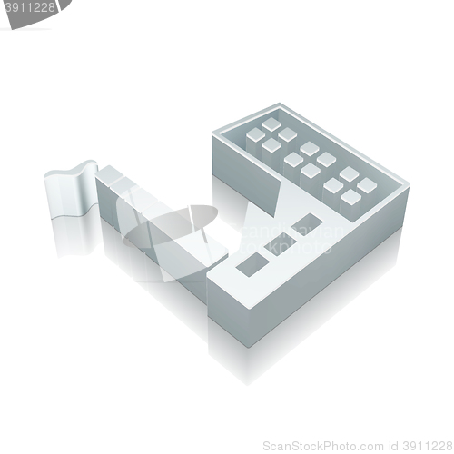 Image of 3d metallic Industry Building icon with reflection, vector illustration.