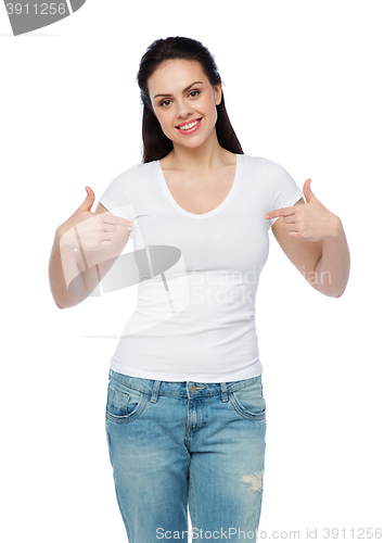 Image of happy young woman or teenage girl in white t-shirt